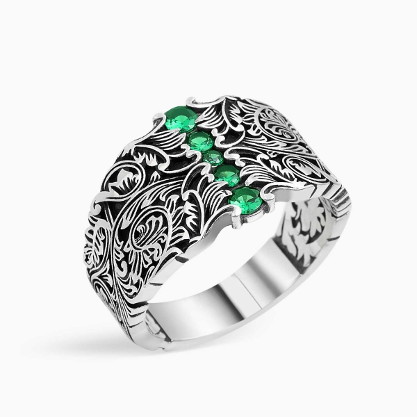 Silver Curved Band Ring Green Zircon - 14 mm