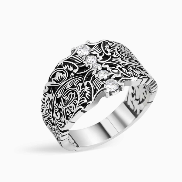 Silver Curved Band Ring White CZ Diamonds - 14 mm