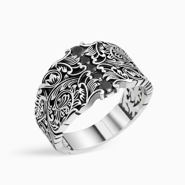 Silver Curved Band Ring Black Zircon - 14 mm