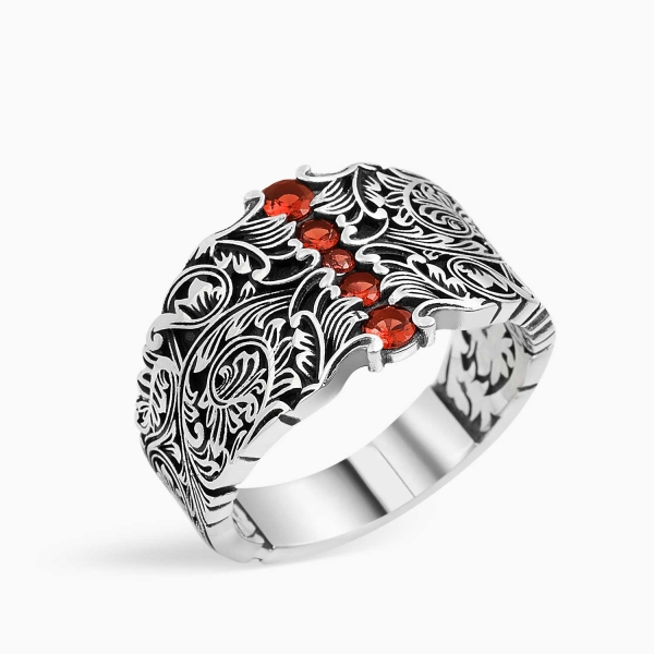 Silver Curved Band Ring Red Zircon - 14 mm