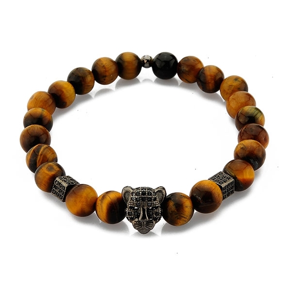 Silver Tiger Head Bracelet with Tiger Eye Beads and Zircons 