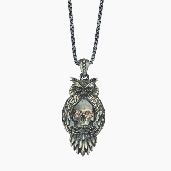 Skull & Owl in Silver Necklace