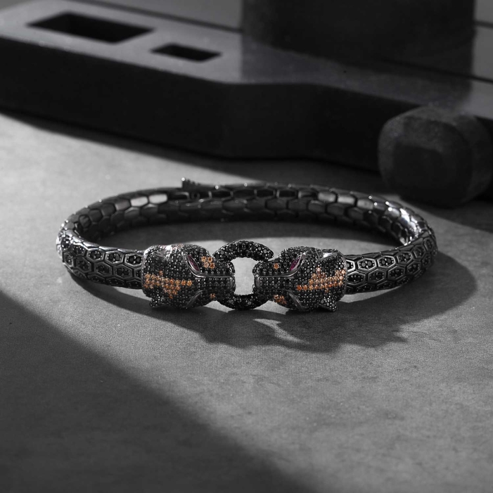 Panther Head Silver Bracelet with Black CZ Diamonds