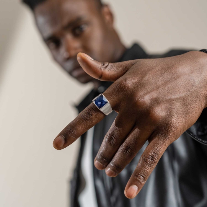 Minimal Square Silver Ring with Zircon Blue