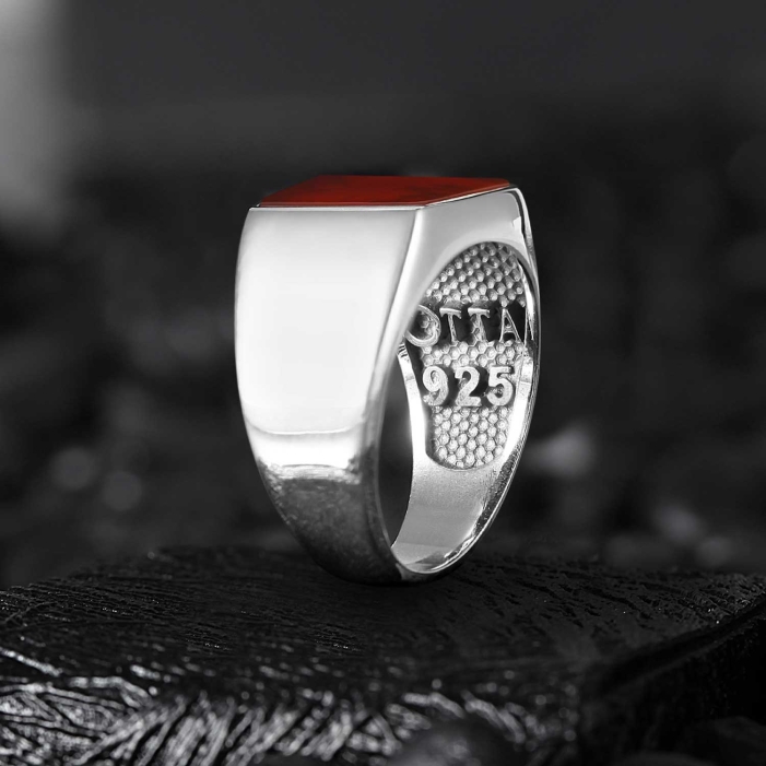 The Basic Square Silver Ring with Red Agate