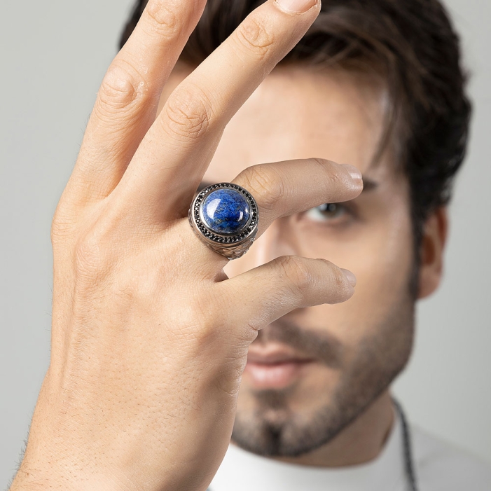 Lapis Lazuli Stone in Silver Ring with CZ Diamond
