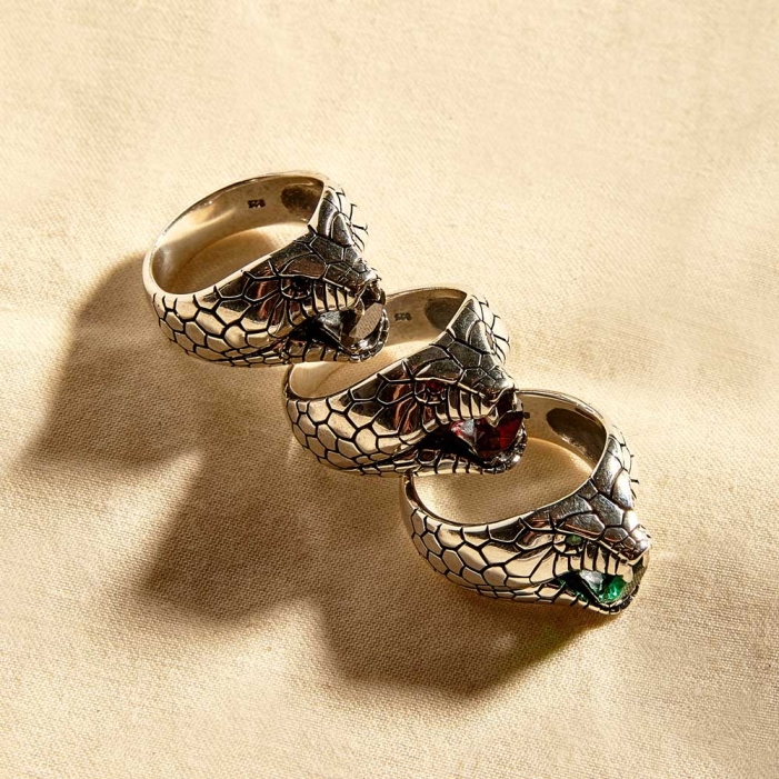 Silver Cobra Snake Ring with Red Zircon