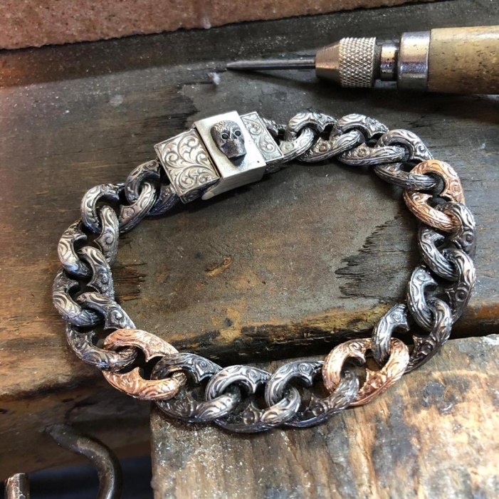 Hand-Engraved Silver Bracelet with Skull