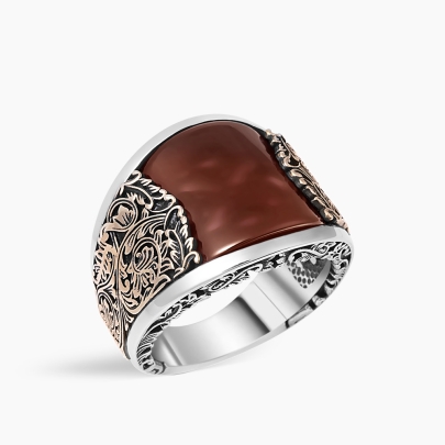 Curved Silver Men's Ring with Red Agate