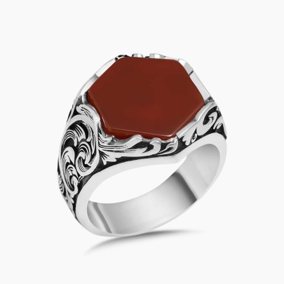 Hand Engraved Red Agate Ring