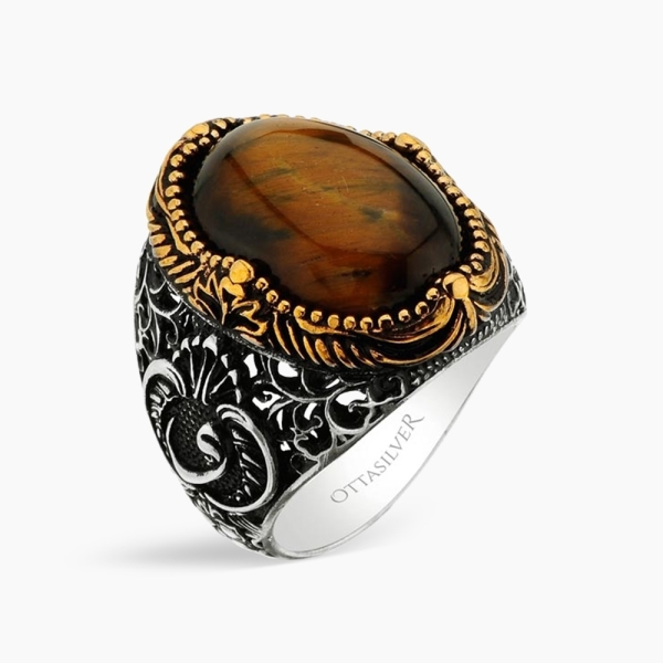 Tiger Eye Stone Sterling Silver Men's Ring