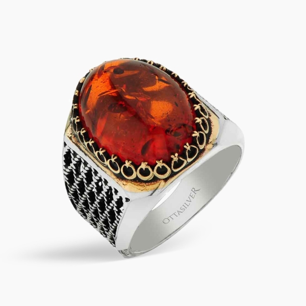 Amber Stone Silver  Men's Ring