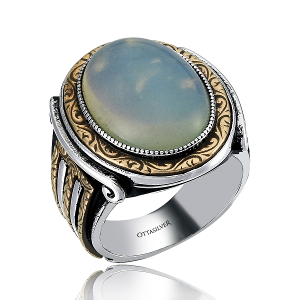 Silver Men's Ring Oval Design - Moon Stone