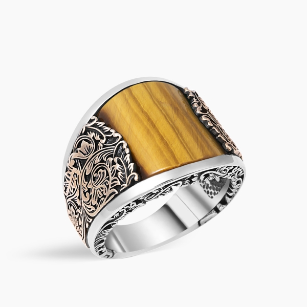 Curved Silver Men's Ring with Tiger Eye