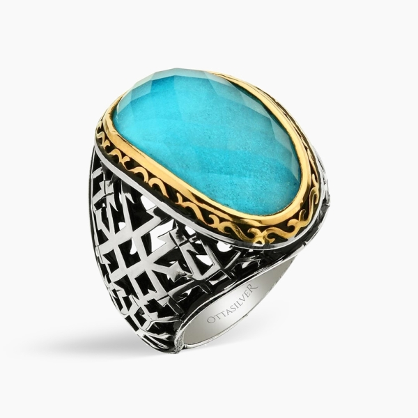 Aqua Blue Crystal Men's Silver Ring