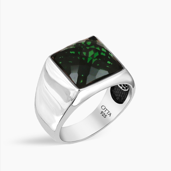 Minimal Square Silver Ring with Zircon Green