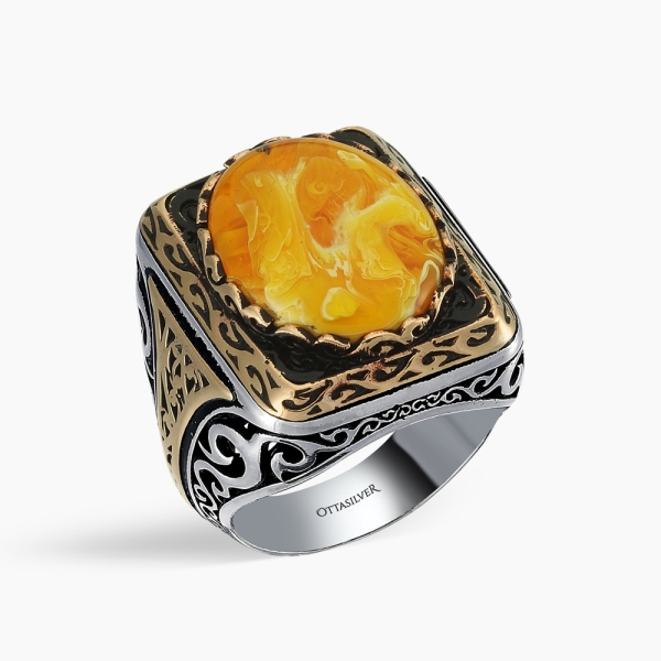 Hand-Engraved 925K Silver Ring - Chalcedony