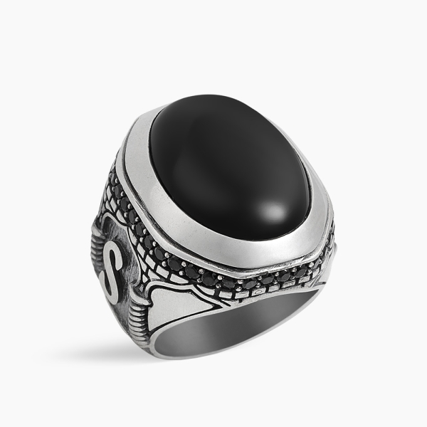 Silver Men's Ring with Black Zircon Stone
