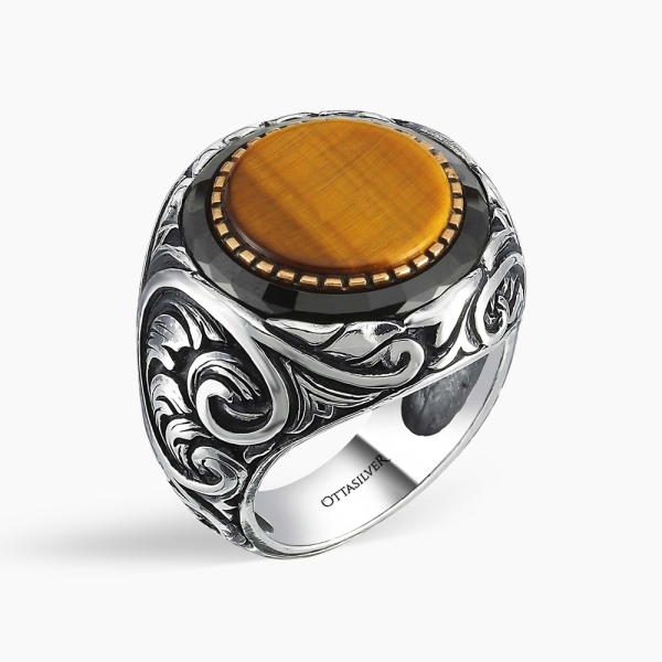 Tiger Eye Hand Engraving Ring