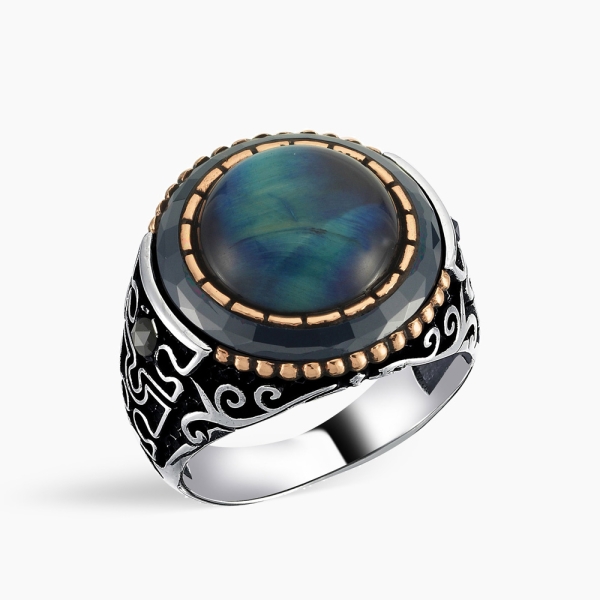 Blue Tiger Eye Silver Men's Ring
