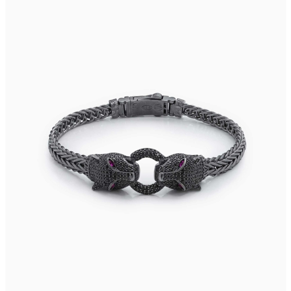 Black Silver Braided Panther Head Bracelet