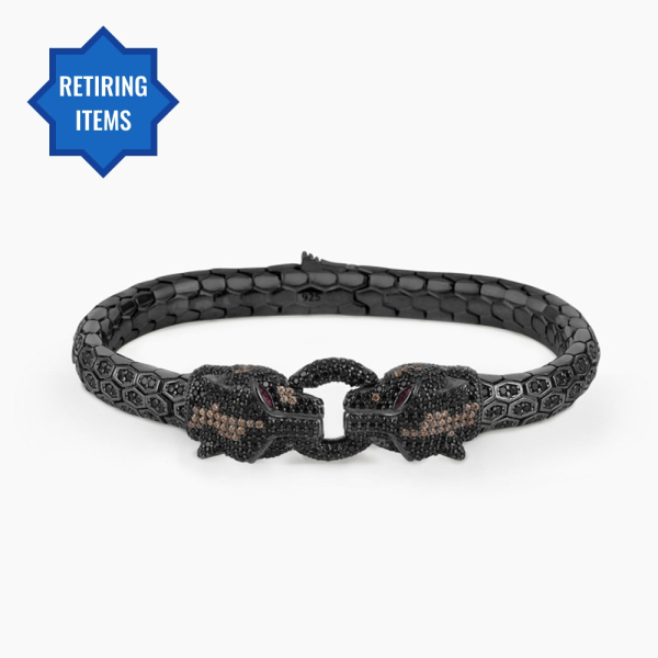 Panther Head Silver Bracelet with Black CZ Diamonds