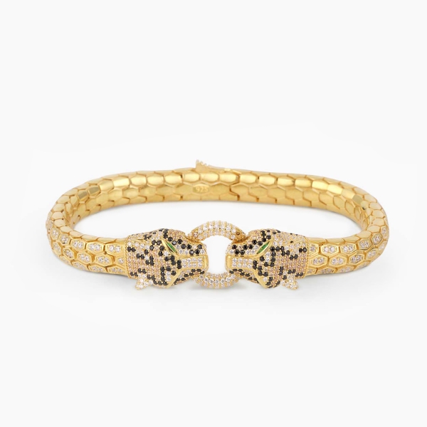 Panther Head Design Silver Bracelet with Gold Plated CZ Diamonds