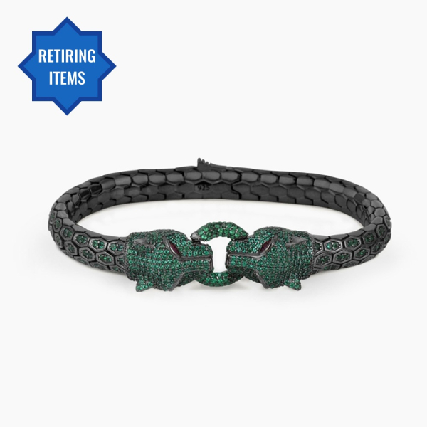 Panther Head Design Silver Bracelet with Green CZ Diamonds
