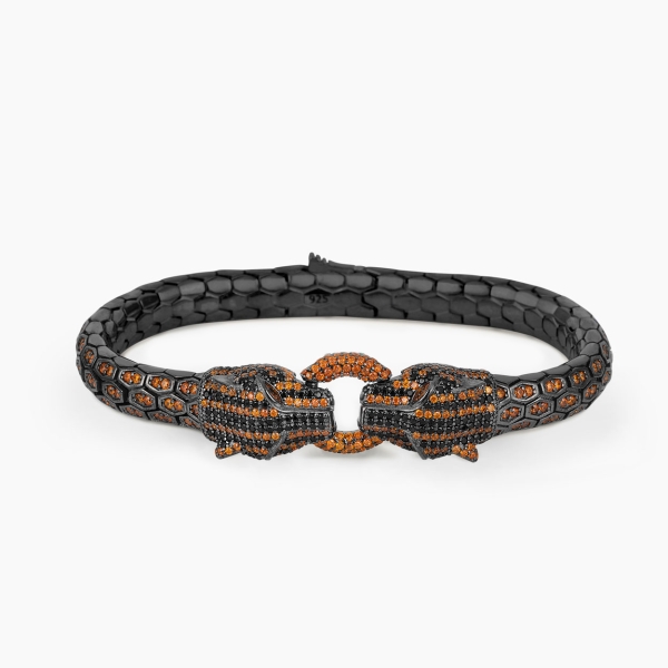 Panther Head Design Silver Bracelet with Orange CZ Diamonds