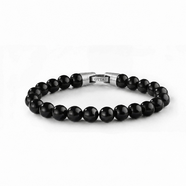 Black Onyx Stone Beads Bracelet-8mm - Stainless Steel