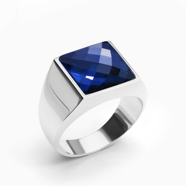 Minimal Square Silver Ring with Zircon Blue