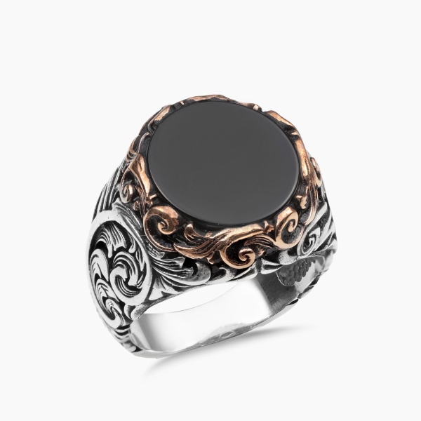 Engraved Silver Black Onyx Stone Ring