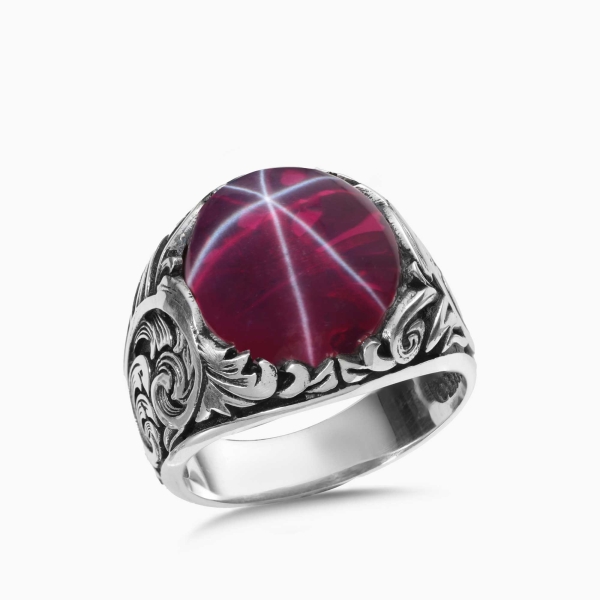 Engraved Silver Star Ruby Ring