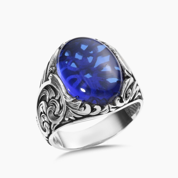 Engraved Silver Blue Sapphire Stone Ring