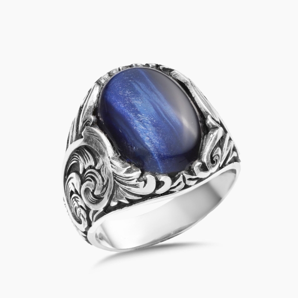 Engraved Silver Blue Tiger Eye Stone Ring