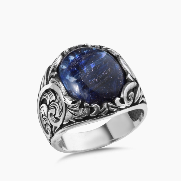 Engraved Silver Blue Glazed Glass Stone Ring
