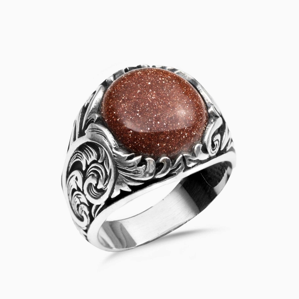 Engraved Silver Brown Star Stone Ring