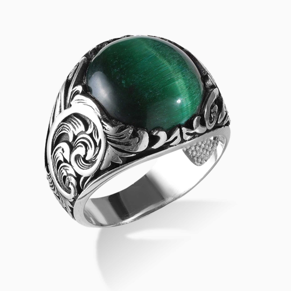 Engraved Silver Green Tiger Eye Stone Ring
