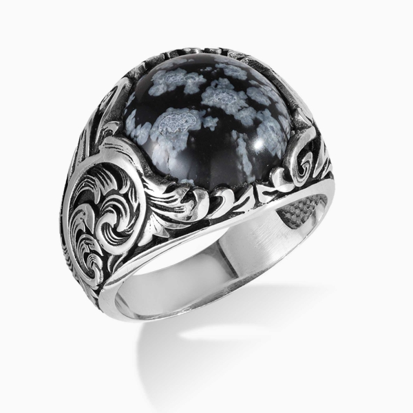 Engraved Silver Snowflake  Stone Ring