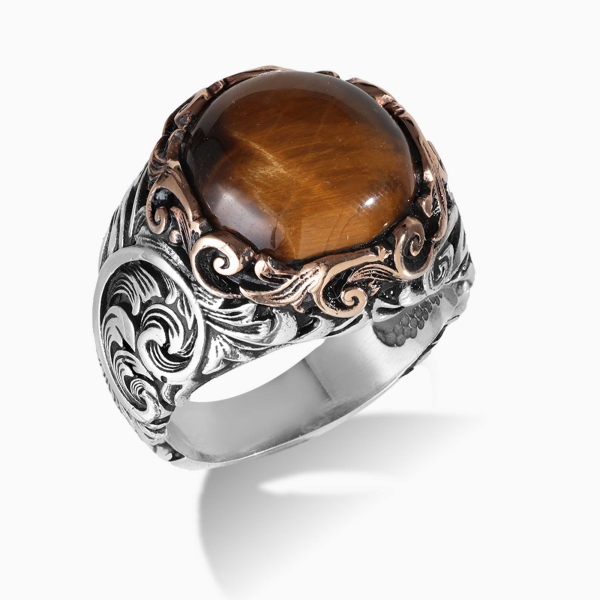 Engraved Silver Tiger Eye Stone Ring
