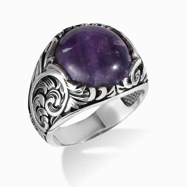 Engraved Silver Amethyst Stone Ring