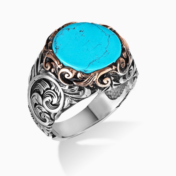 Engraved Silver Turquoise Stone Ring