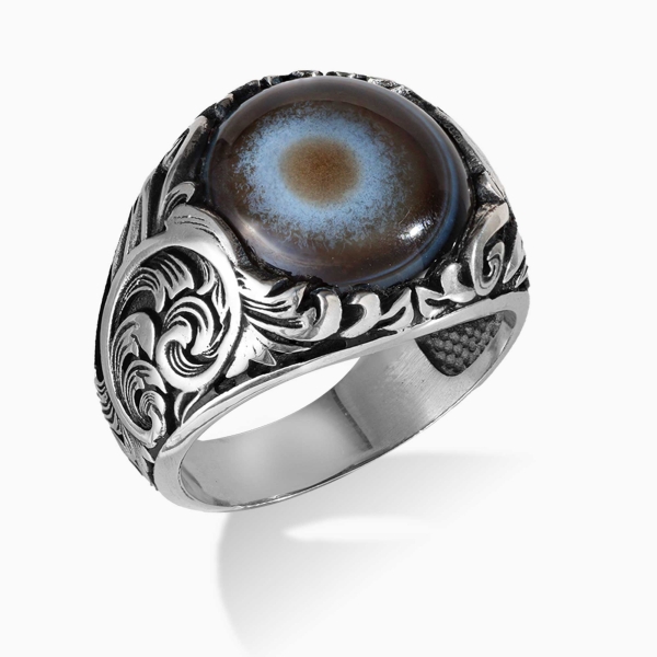 Engraved Silver Black Agate Stone Ring