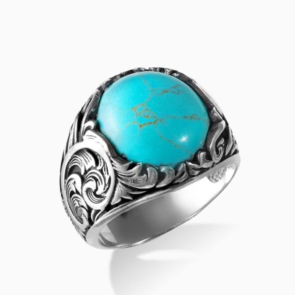 Engraved Silver Turquoise Stone Ring