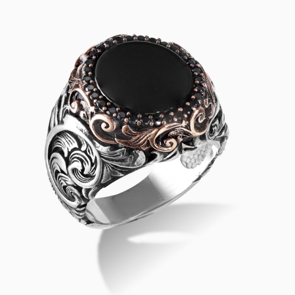 Engraved Silver Black Onyx Stone Ring