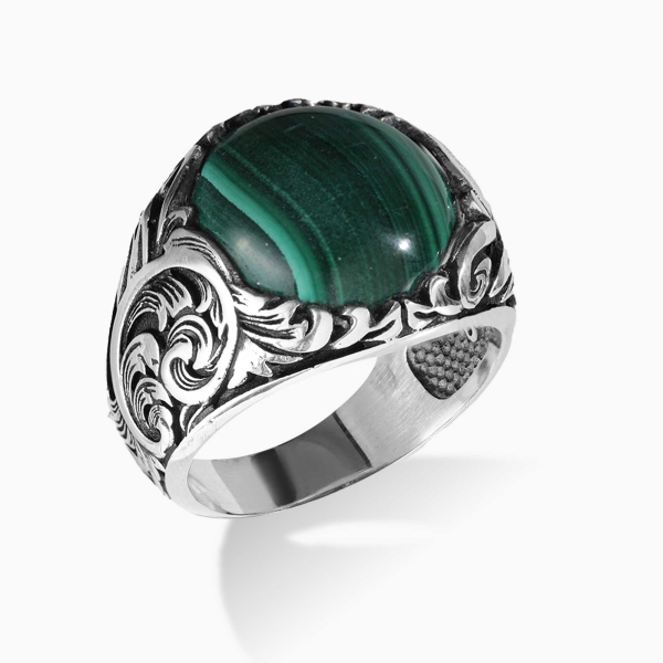 Engraved Silver Malachite Stone Ring