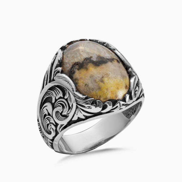 Engraved Silver Eclipse Stone Ring