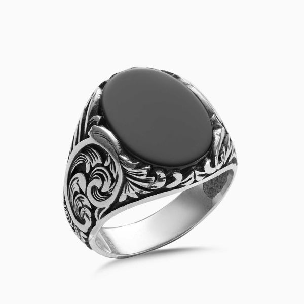 Engraved Silver Black Onyx Stone Ring