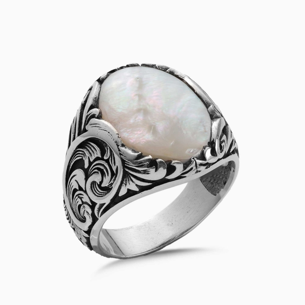 Mother of Pearl Stone Engraved Silver Ring 