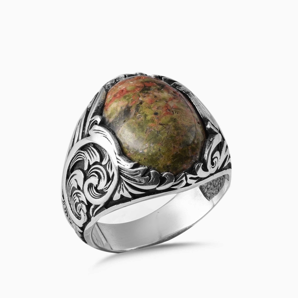 Unakite Stone Engraverd Silver Ring